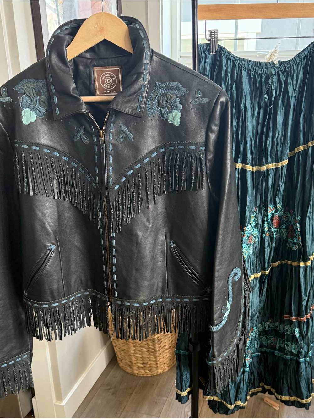 Double D Wear Leather Fringe Jacket, EXTENSIVE Embroidery & Suede Trim. XL